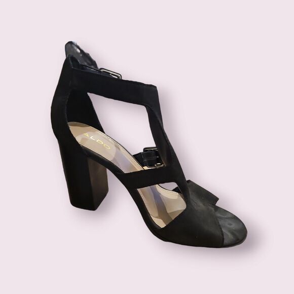 Aldo Black Suede Block Heels Size 8 Meygan-93 BUCKLE SANDAL PEEP TOE - Picture 13 of 16